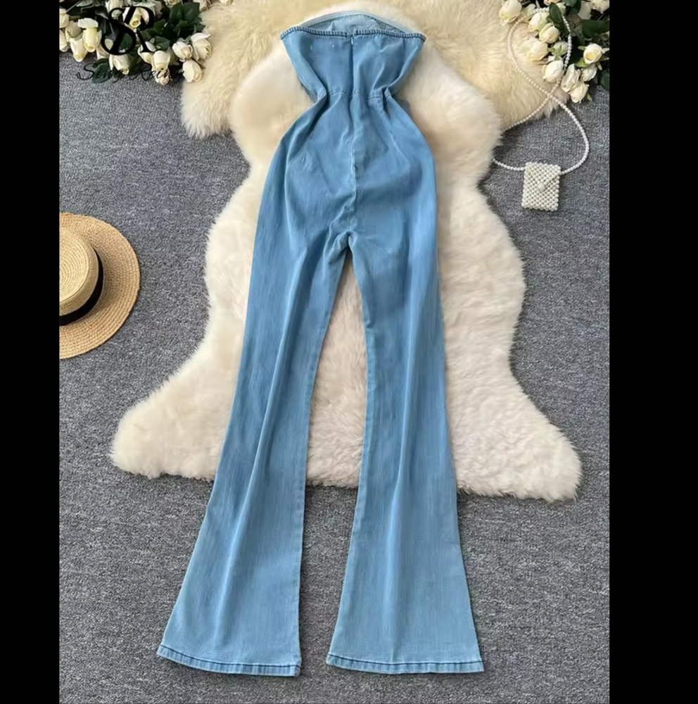 Denim Long Jumpsuits Zipper 3D Floral Chic Design Rompers - Picture 6 of 8